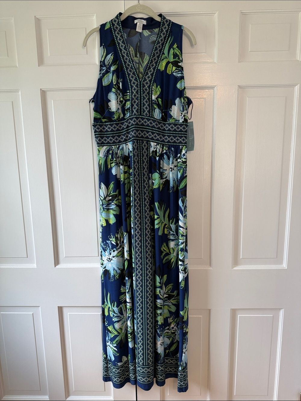 NWT LONDON TIMES Navy Green Floral Knit Maxi Dress V-Neck Sleeveless Empire 12